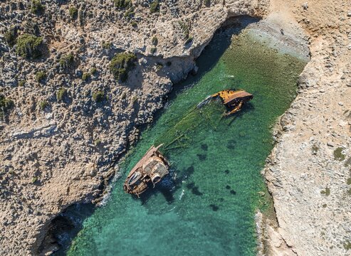 Aerial view, Shipwreck Olympia, Amorgos, Cyclades Island, Aegean Sea, Greece