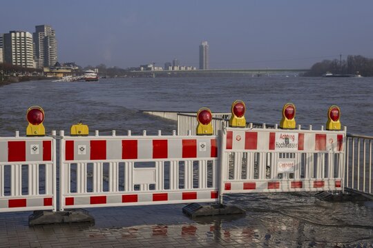 Barrier at a ship landing stage on the Rhine during flood, Cologne, North Rhine-Westphalia, Germany