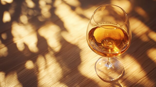 Golden amber liquid in a brandy snifter glass on a wooden table, with dappled sunlight creating abstract shadows.