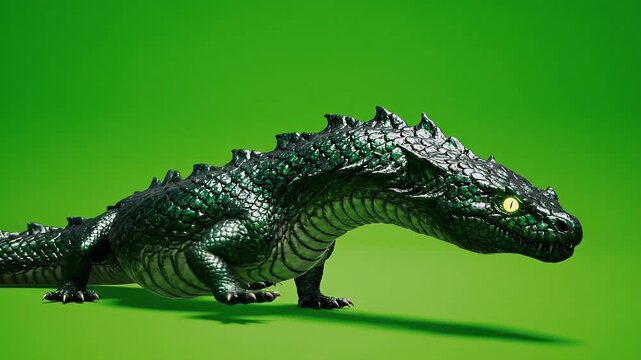 A dark green reptilian creature with glowing yellow eyes and spiky scales slowly slithers across a vibrant green background with subtle lighting creating a shadow