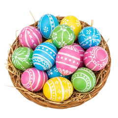 Fototapeta premium A collection of colorful hand painted easter eggs arranged neatly inside a woven straw basket isolated on transparent background