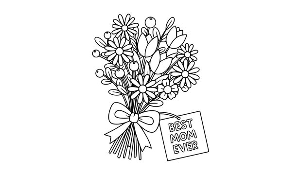 Cute Mothers Day bouquet coloring page with bow and best mom message for kids activity