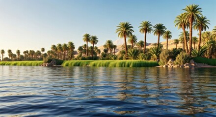 Obraz premium Scenic landscape of a river bordered by palm trees, grasses, and hills under a clear sky