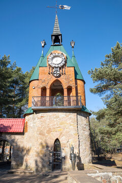 The Town Hall Tower in the fabulous town of Andersengrad. Sosnovy Bor, Leningrad region (vertical)
