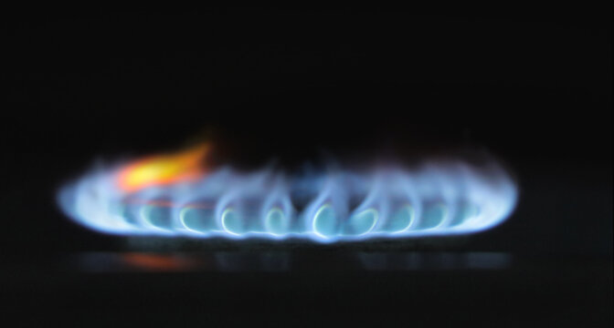 Gas burner flame, burning of natural gas, fuel.