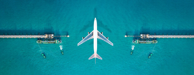 Top view commercial airplane flying over turquoise sea between symmetrical piers, minimal composition with centered aircraft, representing travel, tourism, and modern transportation concept. © AU USAnakul