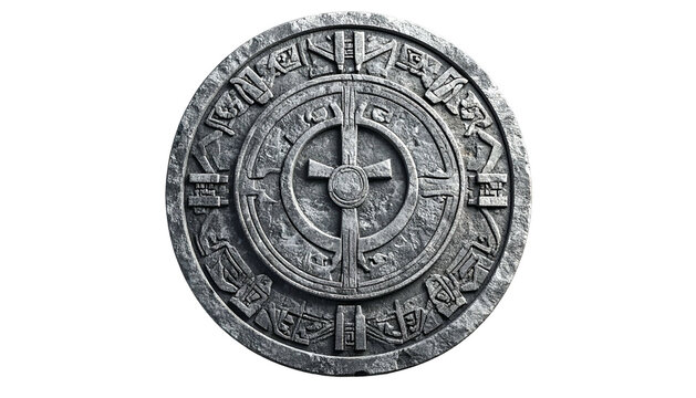 A weathered, circular stone tablet with carved symbols and a central cross design