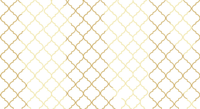 Seamless golden quatrefoil pattern on a white background. luxurious arabesque geometric design element for elegant decor and texture.