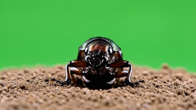 Close-up Front View of a Tiger Beetle Larva Emerging from a Dirt Hole Against a Vibrant Green Screen Background with Detailed Mandibles and Iridescent Exoskeleton Visible