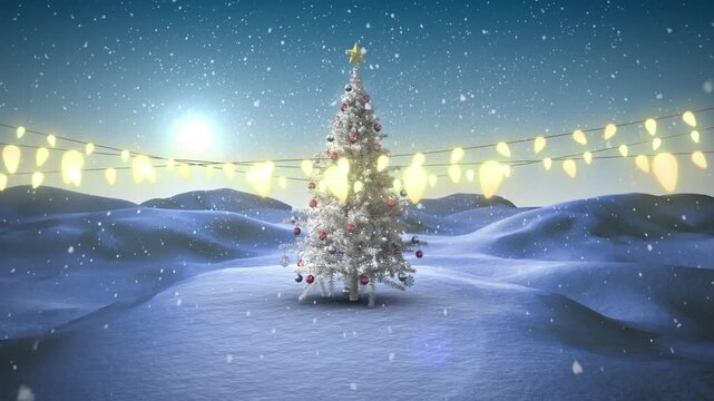 Glowing fairy lights decoration against snow falling over christmas tree on winter landscape