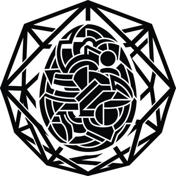 An intricate conceptual geometric motif in an octagonal frame, a complex black and white computerized illustration composition.