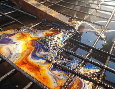 Vibrant oil sheen with swirling colors on a rusty metal grid, indicating a chemical spill or pollution.