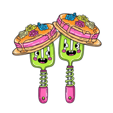 Happy spatulas with floral syrup pancakes