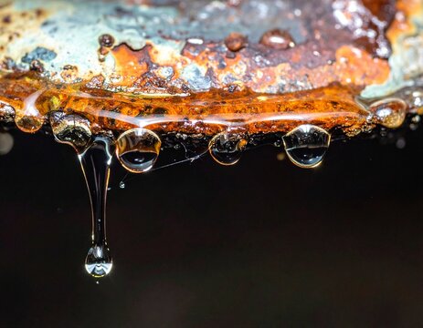 Close-up of clear water droplets dripping from a heavily rusted and corroded metal pipe against a dark background, highlighting the process of decay and moisture.