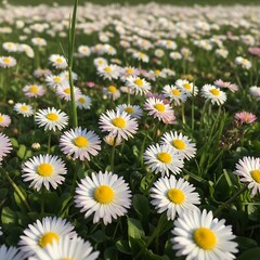 Fototapeta premium Field of daisies in full bloom under sunlight.