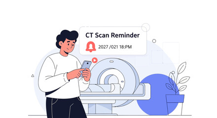 Obraz premium Man Receives CT Scan Reminder on Phone Near Medical Equipment
