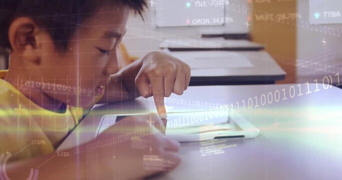 Animation of data processing over asian schoolboy using tablet