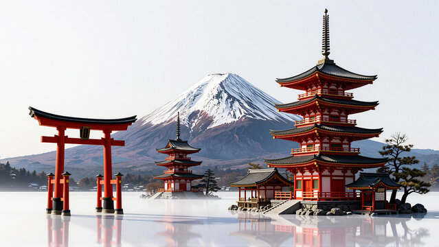 Majestic Mount Fuji and Traditional Pagodas in Serene Japanese Landscape