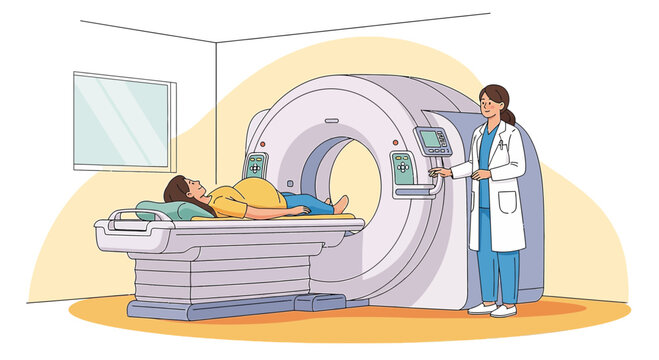Medical CT Scan: Patient lying on table, technician operating machine in clinic