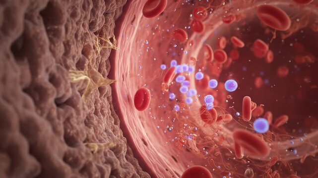 Hormone release into a vein shown in detailed and anatomical style with focus on the bloodstream dynamics