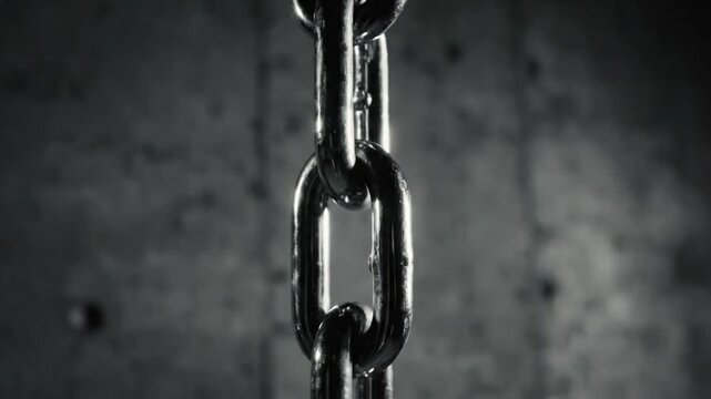 Close up view of shiny metal chain hanging against a dark textured background symbolizing bondage, constraint