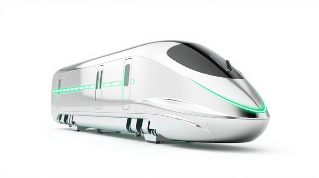 Sleek futuristic train design. Silver exterior, green illumination, streamlined shape suggests high speed travel. Modern transportation concept.