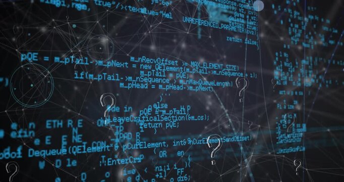 Animation of question mark icons over network of connections and data processing on black background
