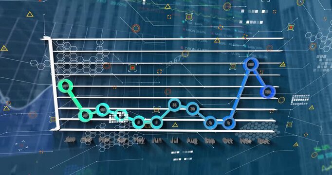 Animation of graphs and data processing on blue background