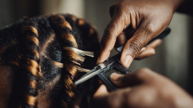 Medium shot capturing loc maintenance process hands tightening coils with tools background softly blurred to highlight detailed care in natural hair care training
