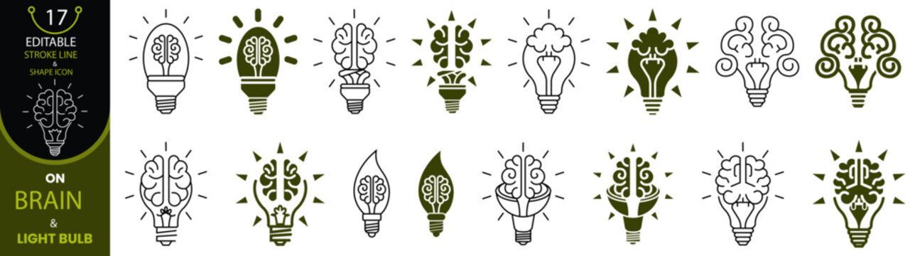 Icon set on human brain in light bulb showing technology in thinking of artificial intelligence with editable line art and flat shape symbols 