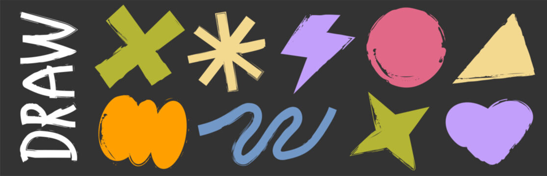 hand drawn colorful grunge shapes. Shape doodle abstract and brush element arrow with graphic background marker. Art paint hand and stroke design icon with pop vector. Line shape grunge and organic br