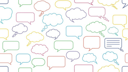 Fototapeta premium Seamless pattern of colorful speech bubbles and thought balloons in various shapes and sizes on white background, communication and ideas.