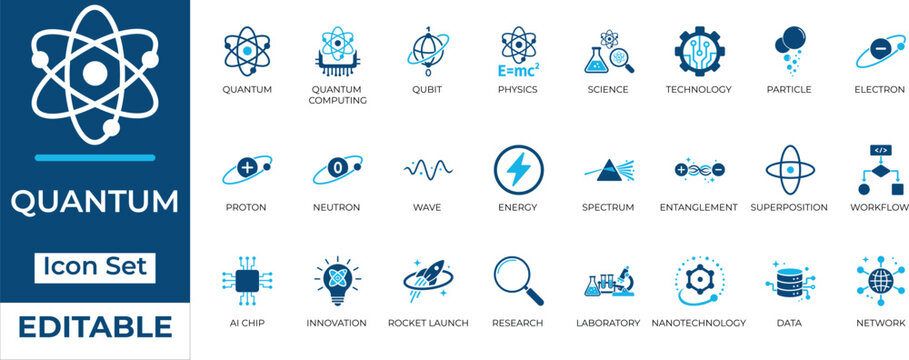 Editable quantum computing and physics vector icon set. Modern blue science, AI technology, and research symbols for UI and infographics.