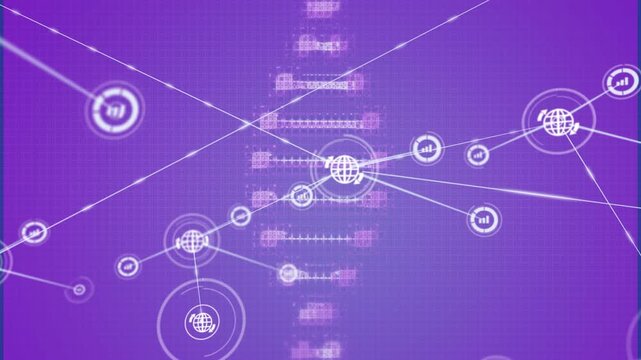 Animation of network of digital icons over dna struture spinning against purple background