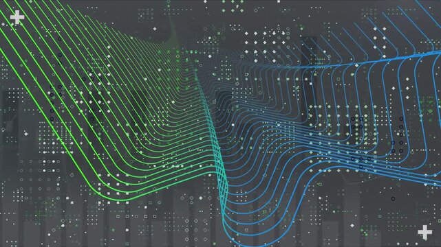 Animation of digital wave and abstract shapes against dots pattern over statistical data processing