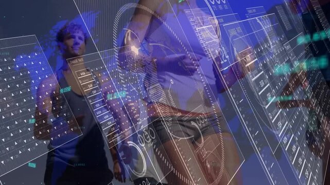 Animation of data processing and world map over diverse people running at beach