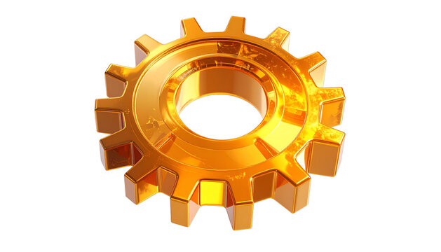 Shiny golden gear wheel with cog teeth reflecting light on black background