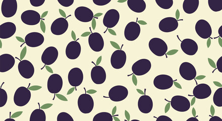 Fototapeta premium Plums and leaves pattern, seamless repetition of dark purple fruits and green foliage, healthy food background, simple flat design, light yellow and dark shades.