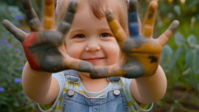 Kleines M&auml;dchen zeigt stolz ihre bunt mit Fingerfarben bemalten H&auml;nde im Garten