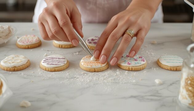 A person decorating cookies with icing and sprinkles on a marble countertop