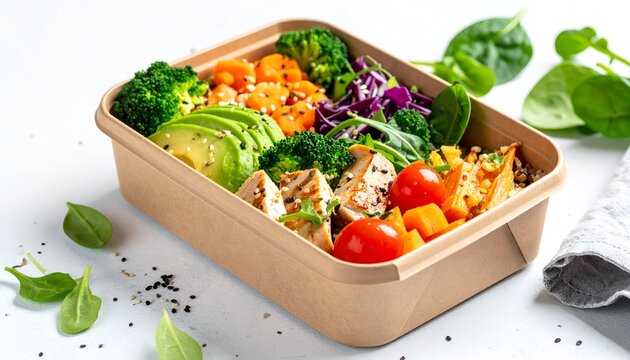 A vibrant takeaway container overflowing with a rainbow of fresh, healthy ingredients grilled chicken, avocado, broccoli, spinach, tomatoes, and grains