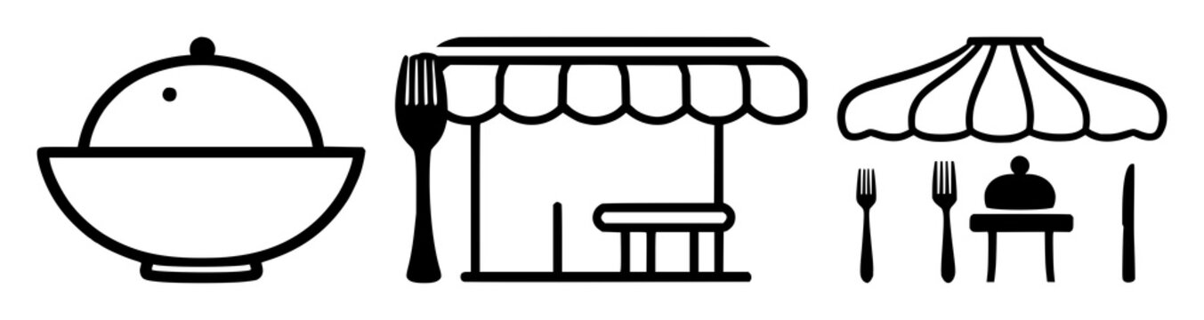 Restaurant menu icon set with a solid black symbol on white background featuring restaurant, menu, symbol with graphic and line art