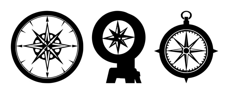 Solid black icon, white background: compass navigation set with simple line art design featuring outline, illustration, graphic elements with clean design and vector art