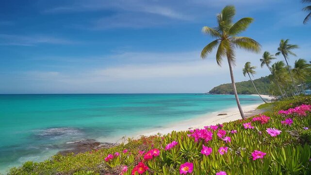 Palmen, Strand, Meer, Blumen 