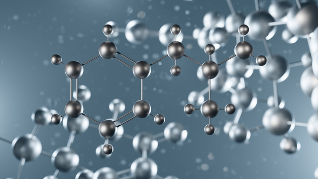 Dextroamphetamine molecular structure, 3d model molecule, central nervous system stimulant structural chemical formula view from a microscope