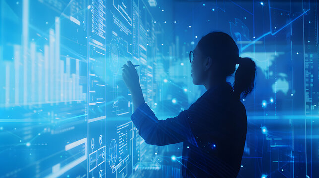 Team Member Interacting with AI Analytics Interface, Business Data Visualization Concept in Blue Tone with Copy Space