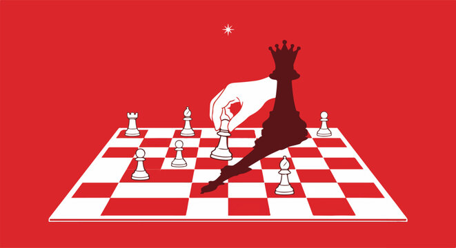 Chess Strategy Concept Showing Pawn Casting Queen Shadow Symbolizing Hidden Power Smart Moves and Underdog Advantage Illustration