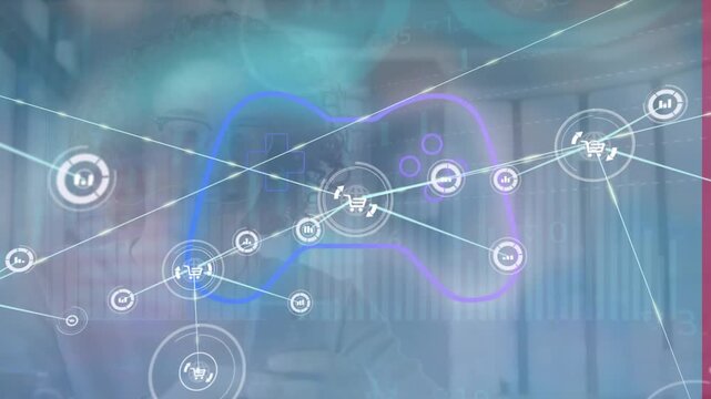 Animation of network of digital icons and video game controller icon against data processing