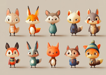 Naklejka premium Cute cartoon foxes in various outfits.