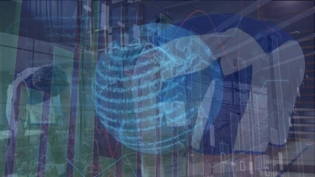 Animation of computer language, globe, graphs over diverse male players exercising at court